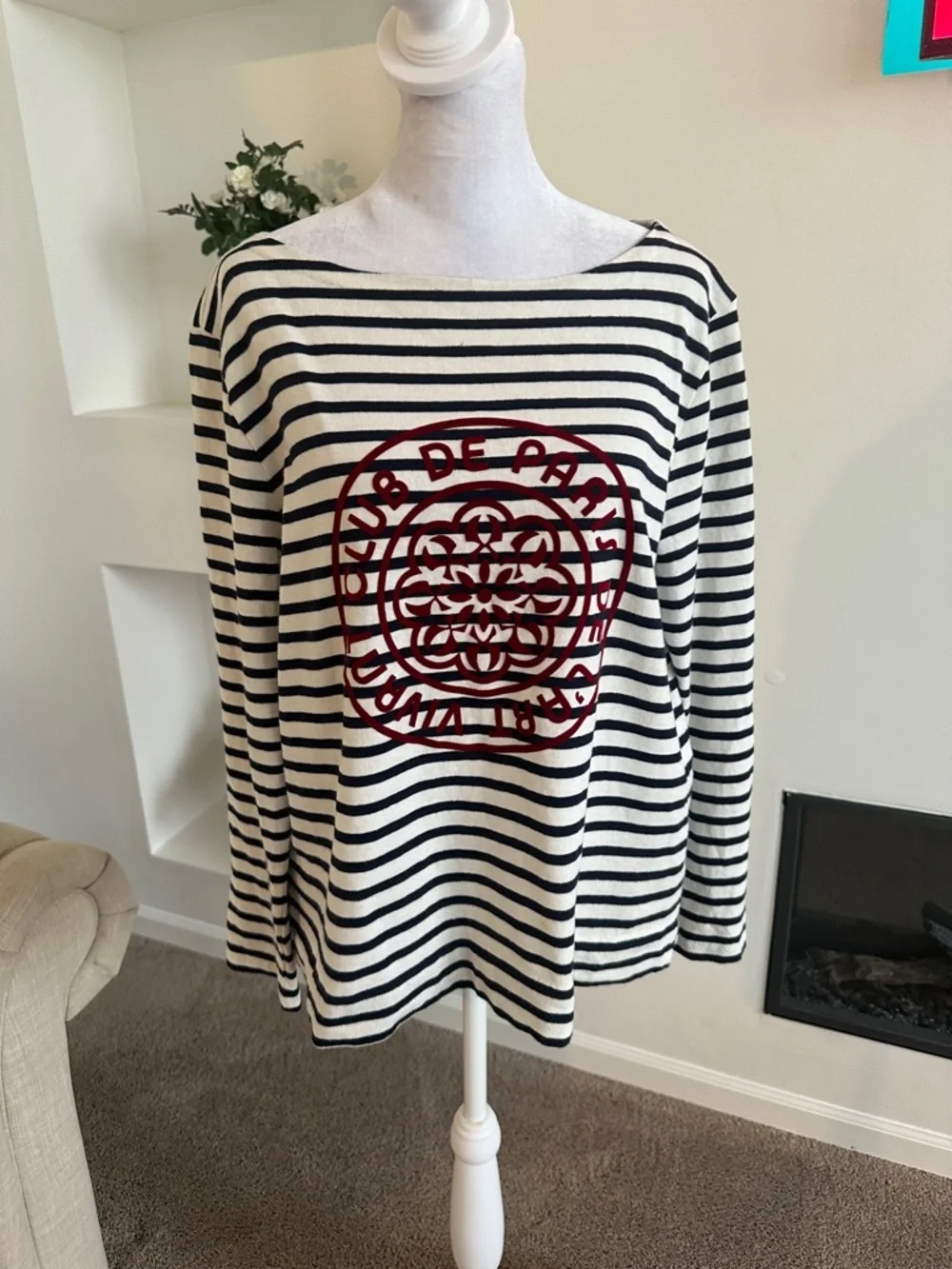 J. Crew White & Black Striped Sweater with Red Graphic